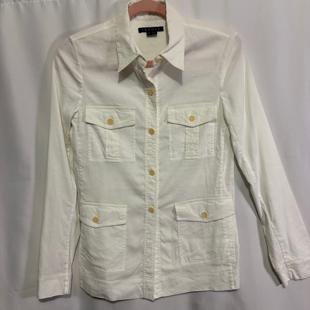 Theory Vintage White Linen Blend Safari Utility Jacket P XS Pockets Lightweight